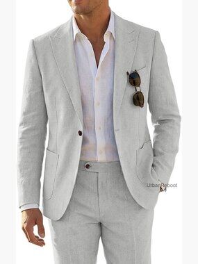 Men's 2 Piece Linen Suit Set Slim Fit Blazer Pants Wedding Casual
